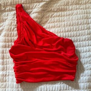 Ruched red off the shoulder crop top